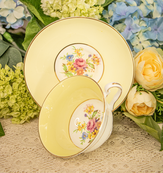 Rosina Bone China Teacup & Saucer – Yellow Rim with Floral Center – Made in England