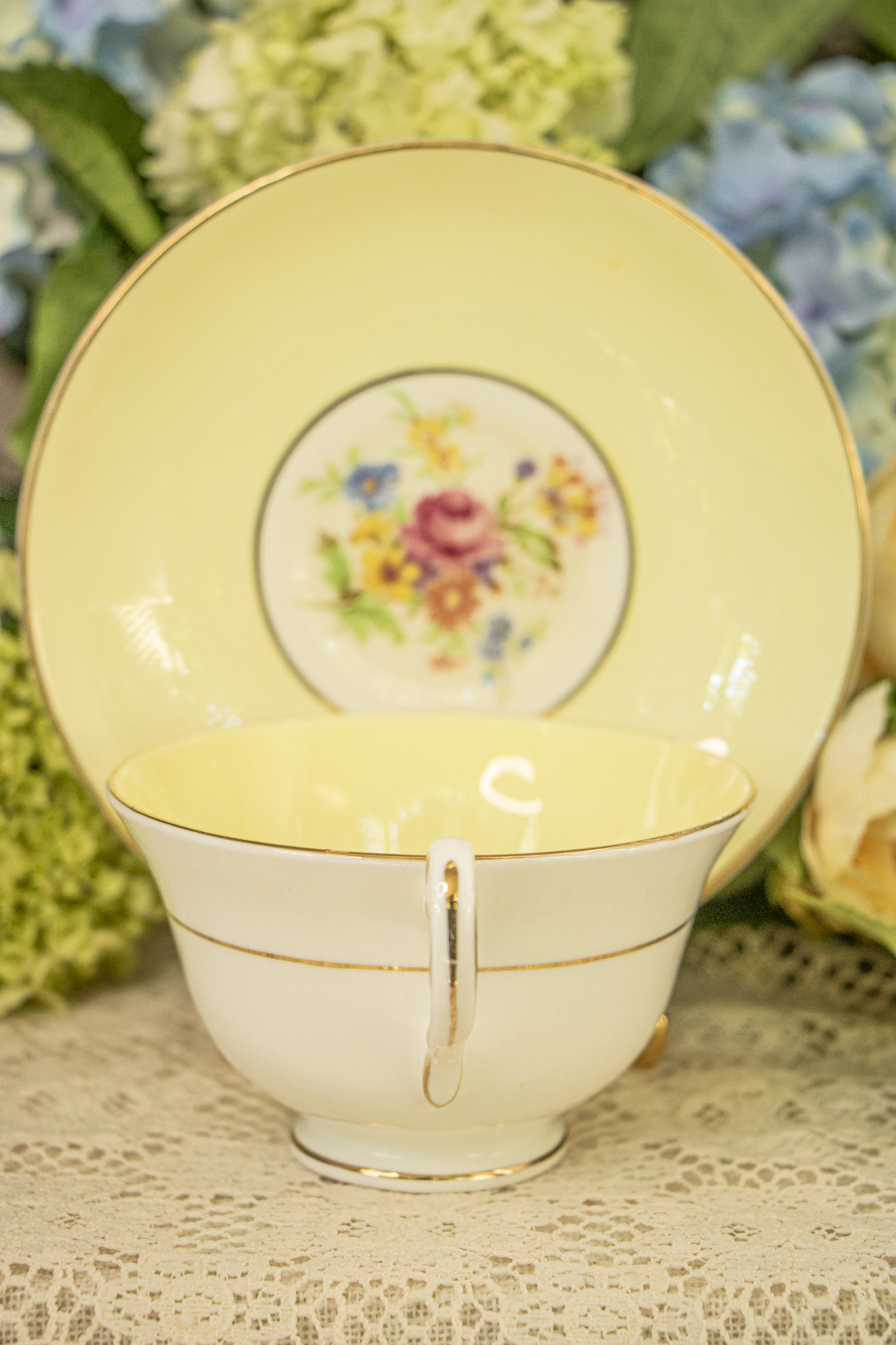 Rosina Bone China Teacup & Saucer – Yellow Rim with Floral Center – Made in England