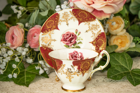 Paragon Fine Bone China Teacup and Saucer – Deep Red, Gold Filigree, and Rose Motif – Mint Condition