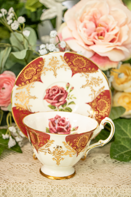 Paragon Fine Bone China Teacup and Saucer – Deep Red, Gold Filigree, and Rose Motif – Mint Condition