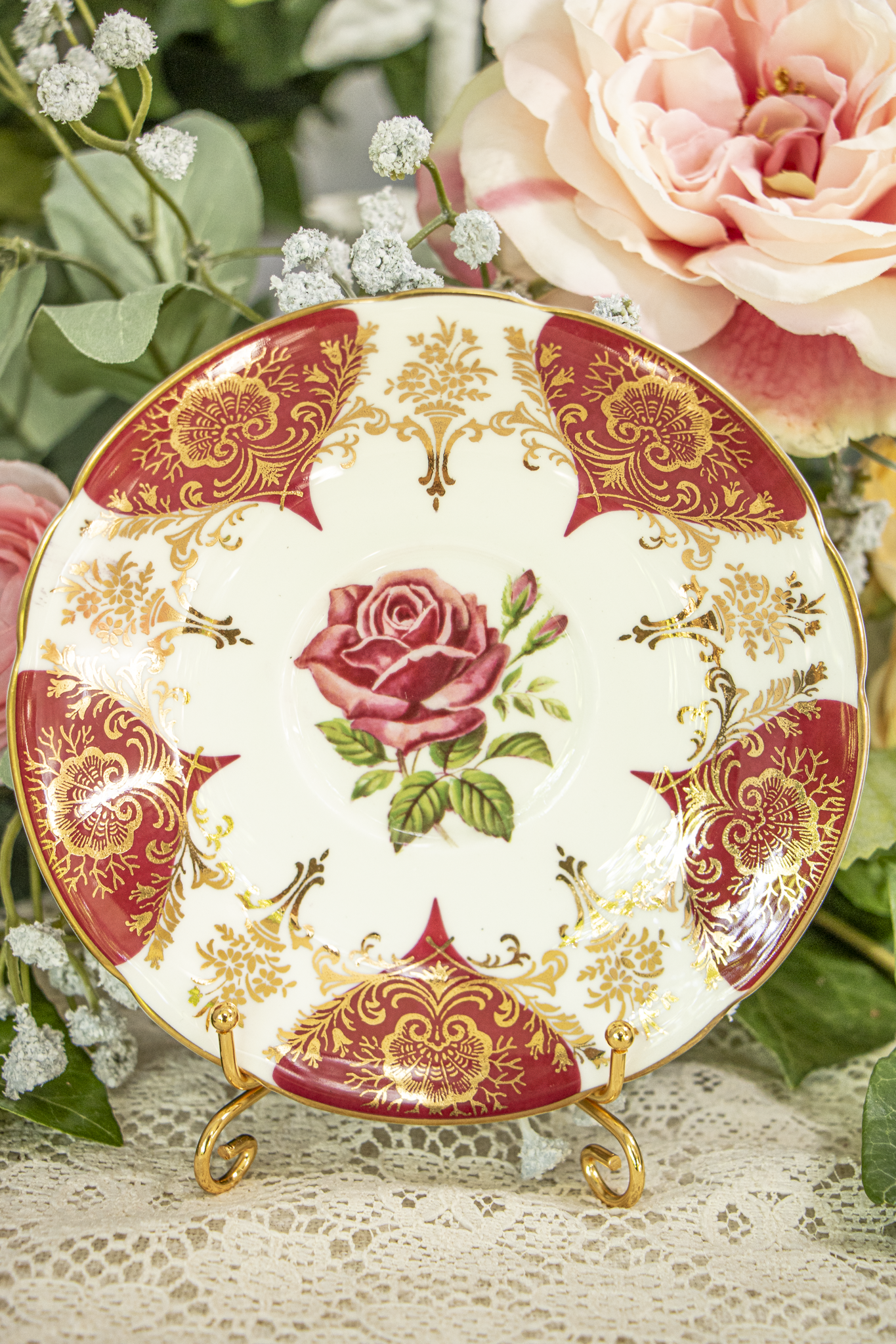 Paragon Fine Bone China Teacup and Saucer – Deep Red, Gold Filigree, and Rose Motif – Mint Condition