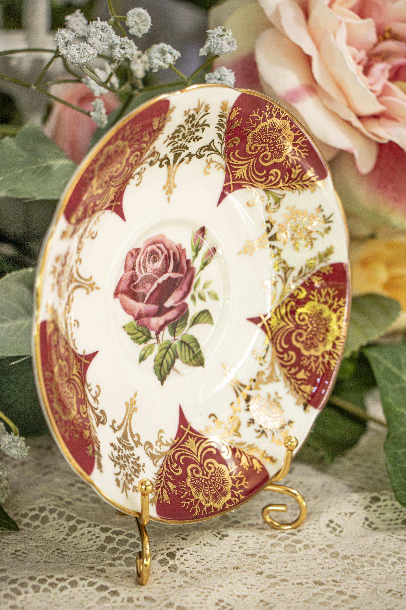 Paragon Fine Bone China Teacup and Saucer – Deep Red, Gold Filigree, and Rose Motif – Mint Condition