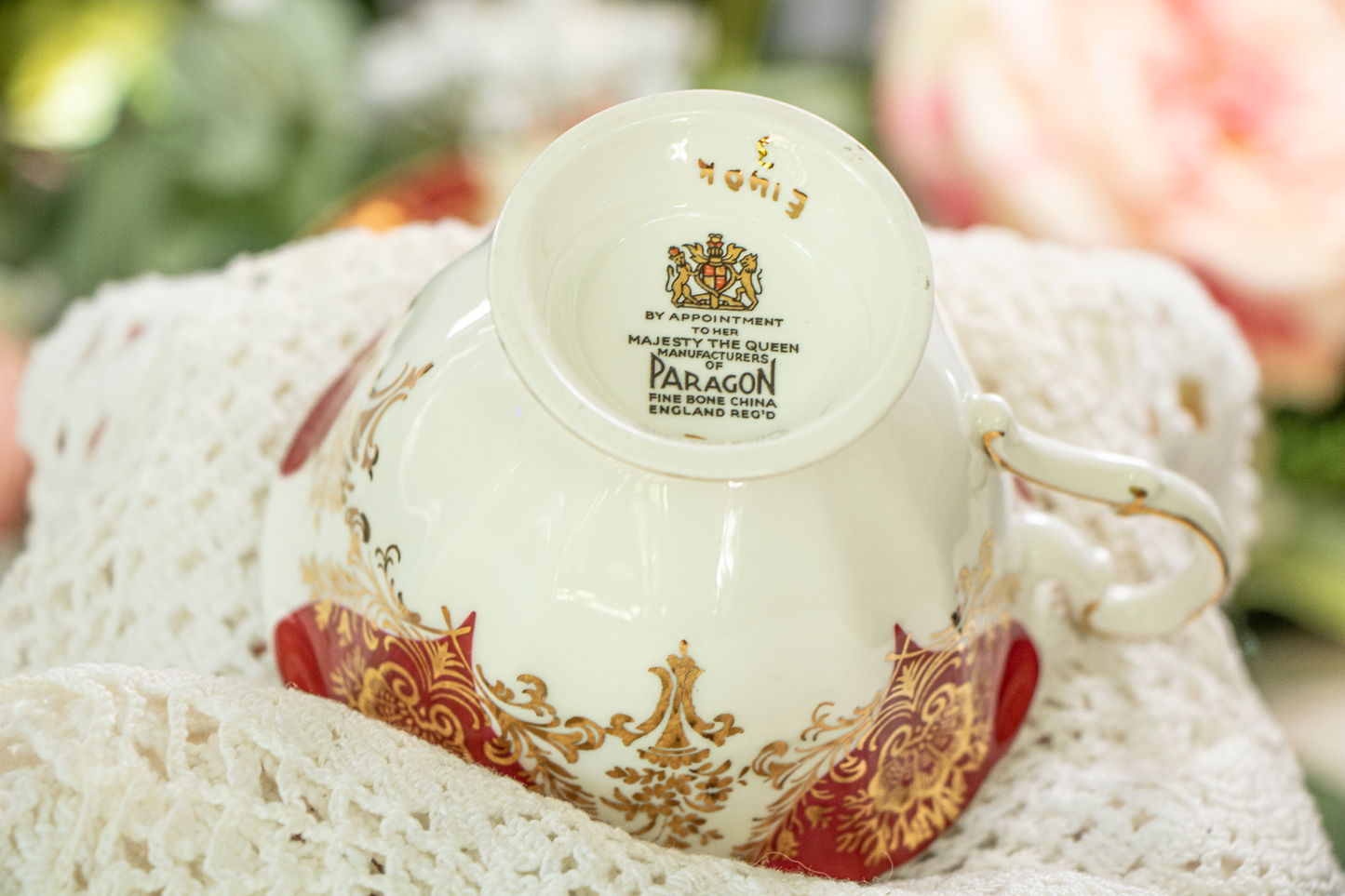 Paragon Fine Bone China Teacup and Saucer – Deep Red, Gold Filigree, and Rose Motif – Mint Condition