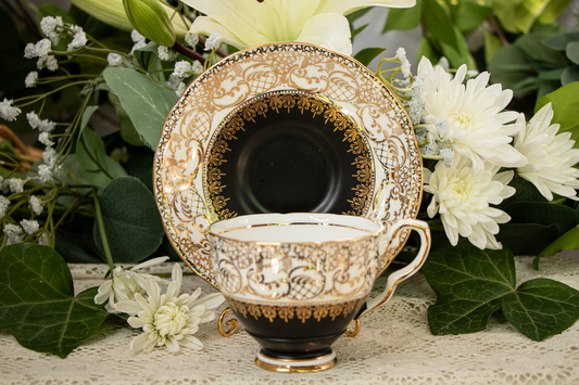 Royal Stafford Bone China Teacup and Saucer — Pattern 1528 — Matte Black with Gold Filigree — 1950s–1960s