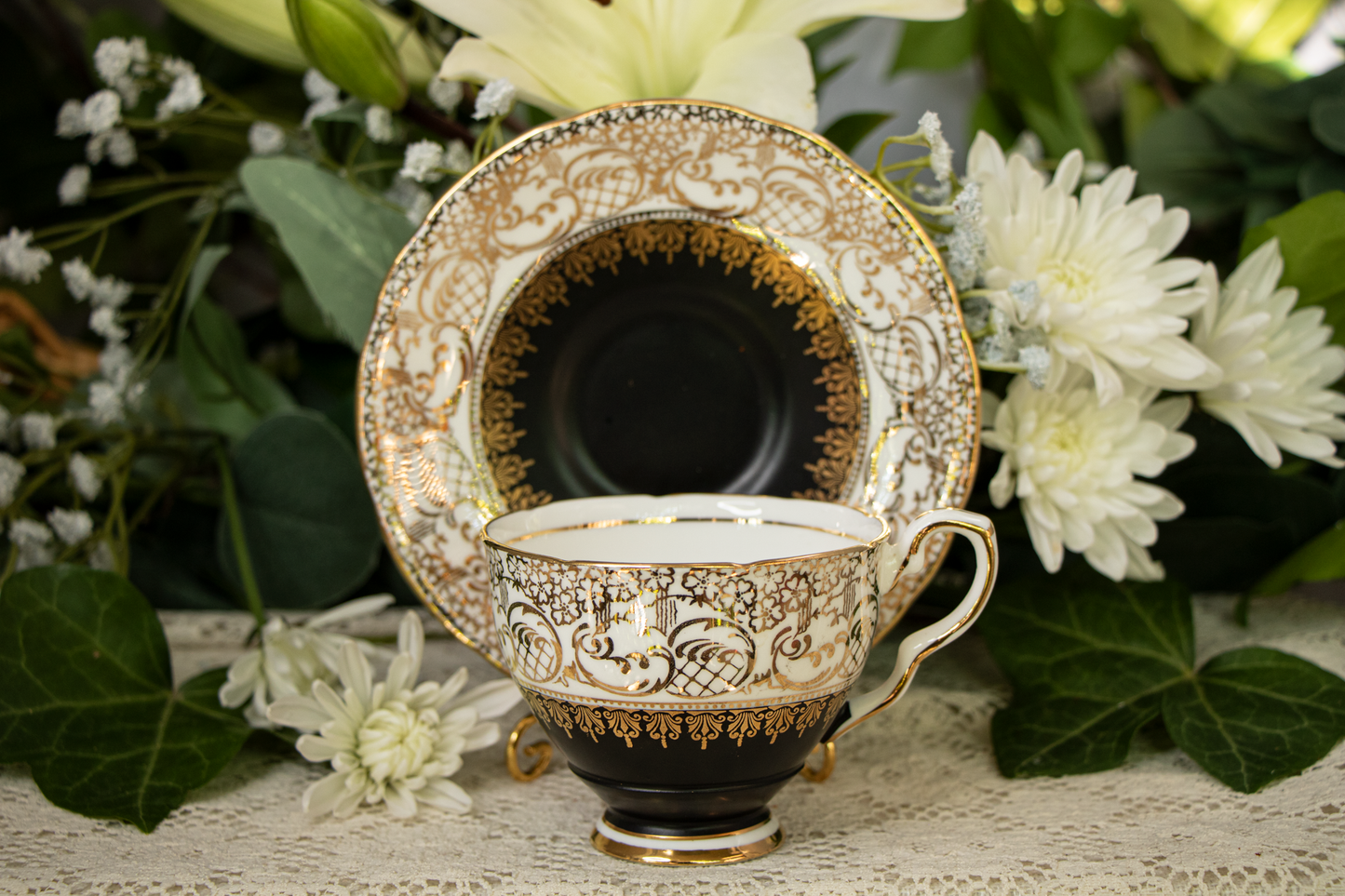 Royal Stafford Bone China Teacup and Saucer — Pattern 1528 — Matte Black with Gold Filigree — 1950s–1960s