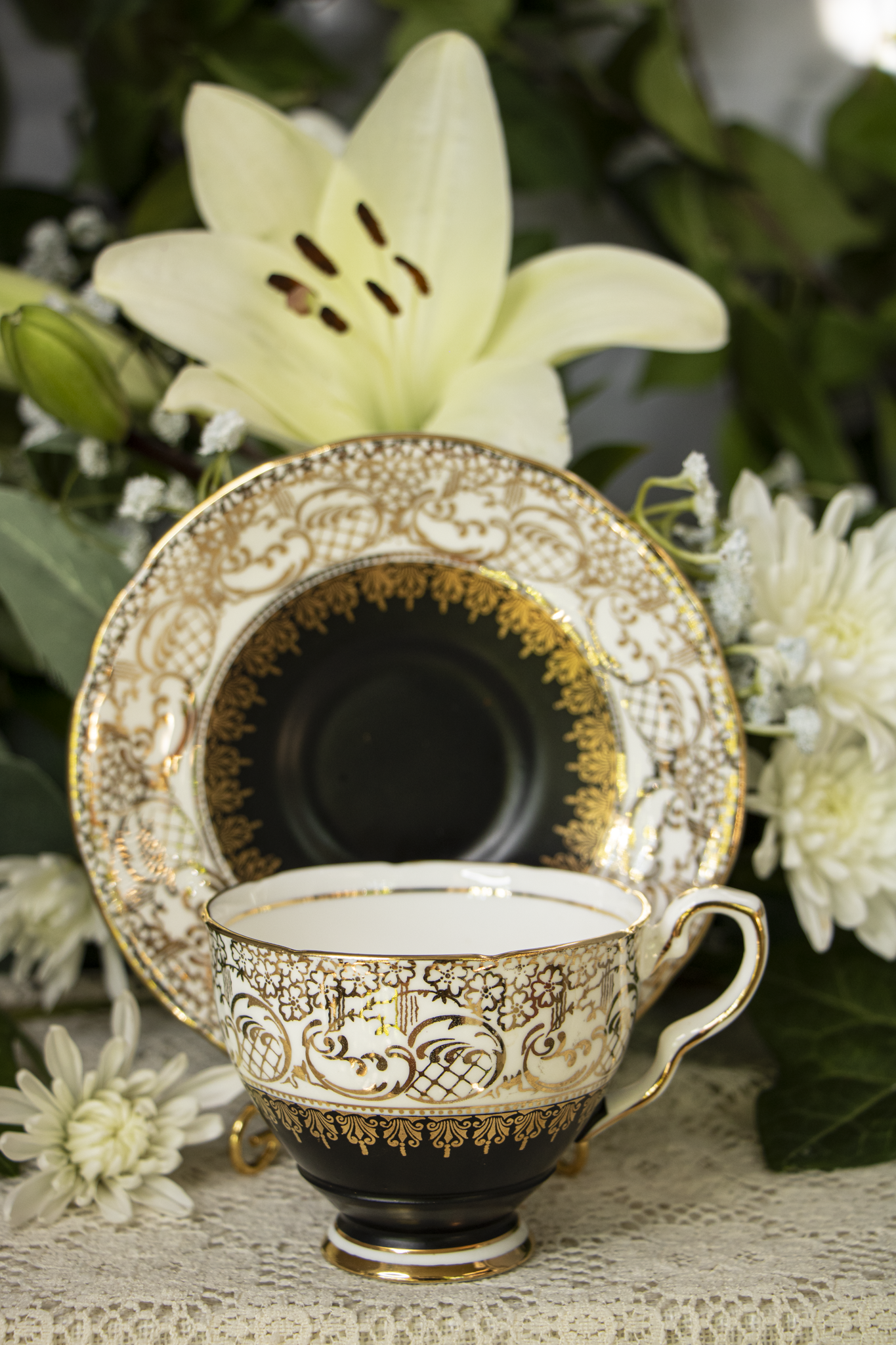Royal Stafford Bone China Teacup and Saucer — Pattern 1528 — Matte Black with Gold Filigree — 1950s–1960s