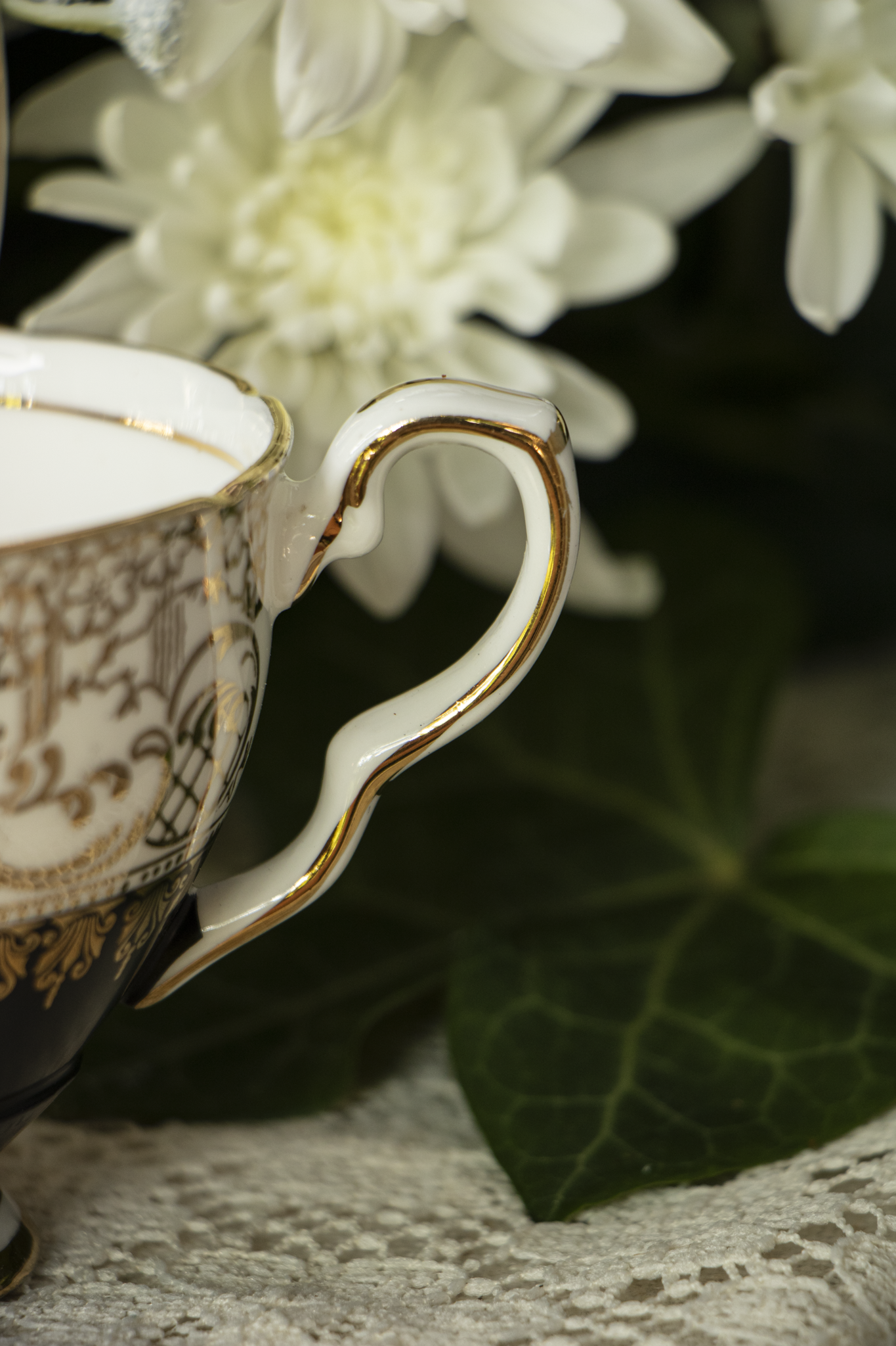 Royal Stafford Bone China Teacup and Saucer — Pattern 1528 — Matte Black with Gold Filigree — 1950s–1960s