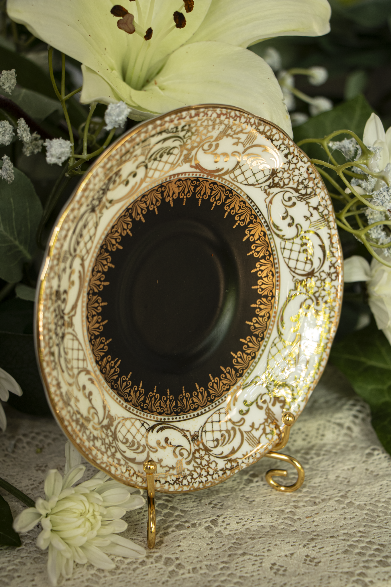 Royal Stafford Bone China Teacup and Saucer — Pattern 1528 — Matte Black with Gold Filigree — 1950s–1960s