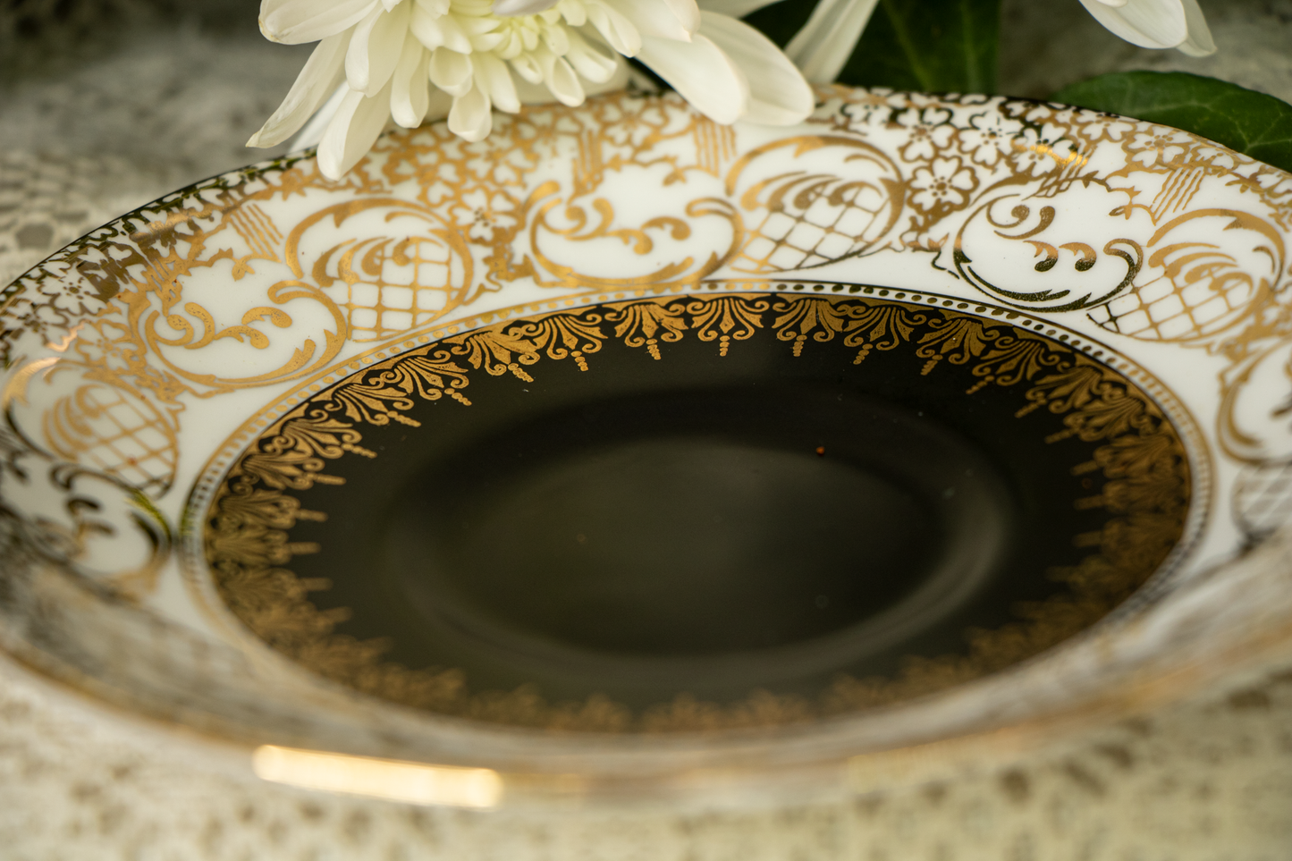 Royal Stafford Bone China Teacup and Saucer — Pattern 1528 — Matte Black with Gold Filigree — 1950s–1960s