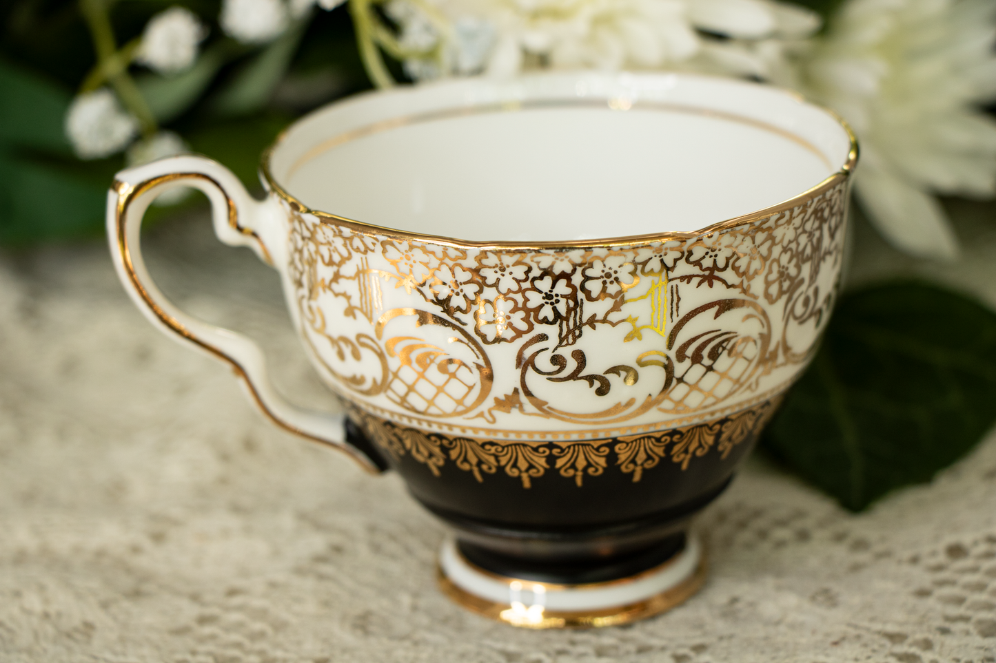 Royal Stafford Bone China Teacup and Saucer — Pattern 1528 — Matte Black with Gold Filigree — 1950s–1960s