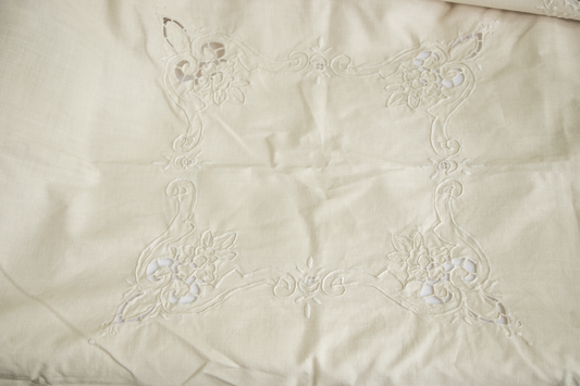 Vintage 32x32" Cutwork & Satin Stitch Table Topper – Machine Embroidery on Fine Linen – 1950s–70s