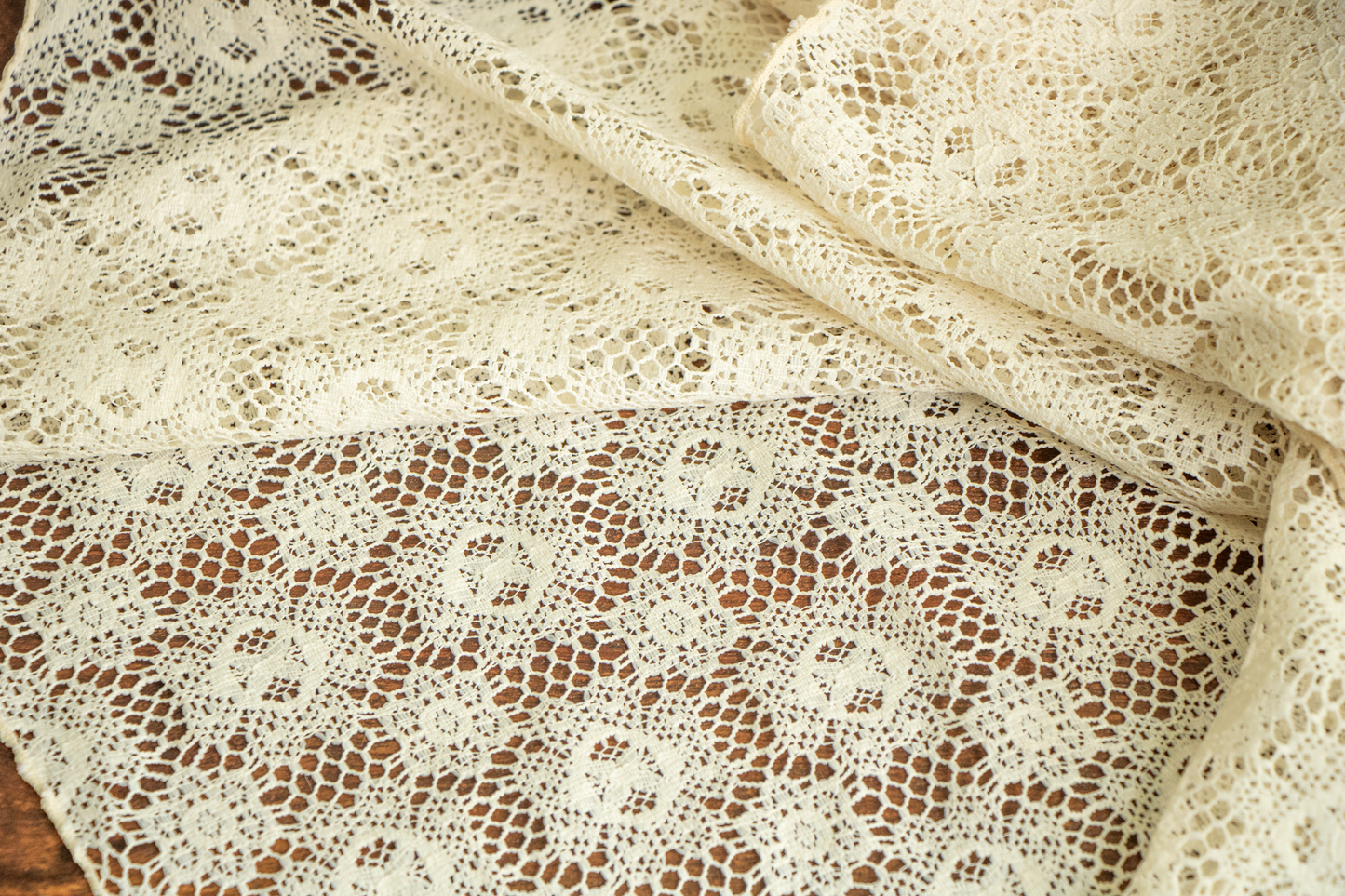 Soft Buttercream Floral Lace Table Topper with Geometric Motif - 36x33
