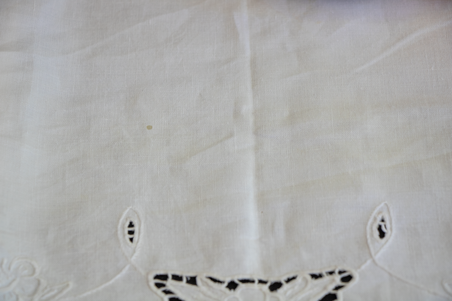 White Linen Table Runner with Delicate Cutwork and Lace Edging