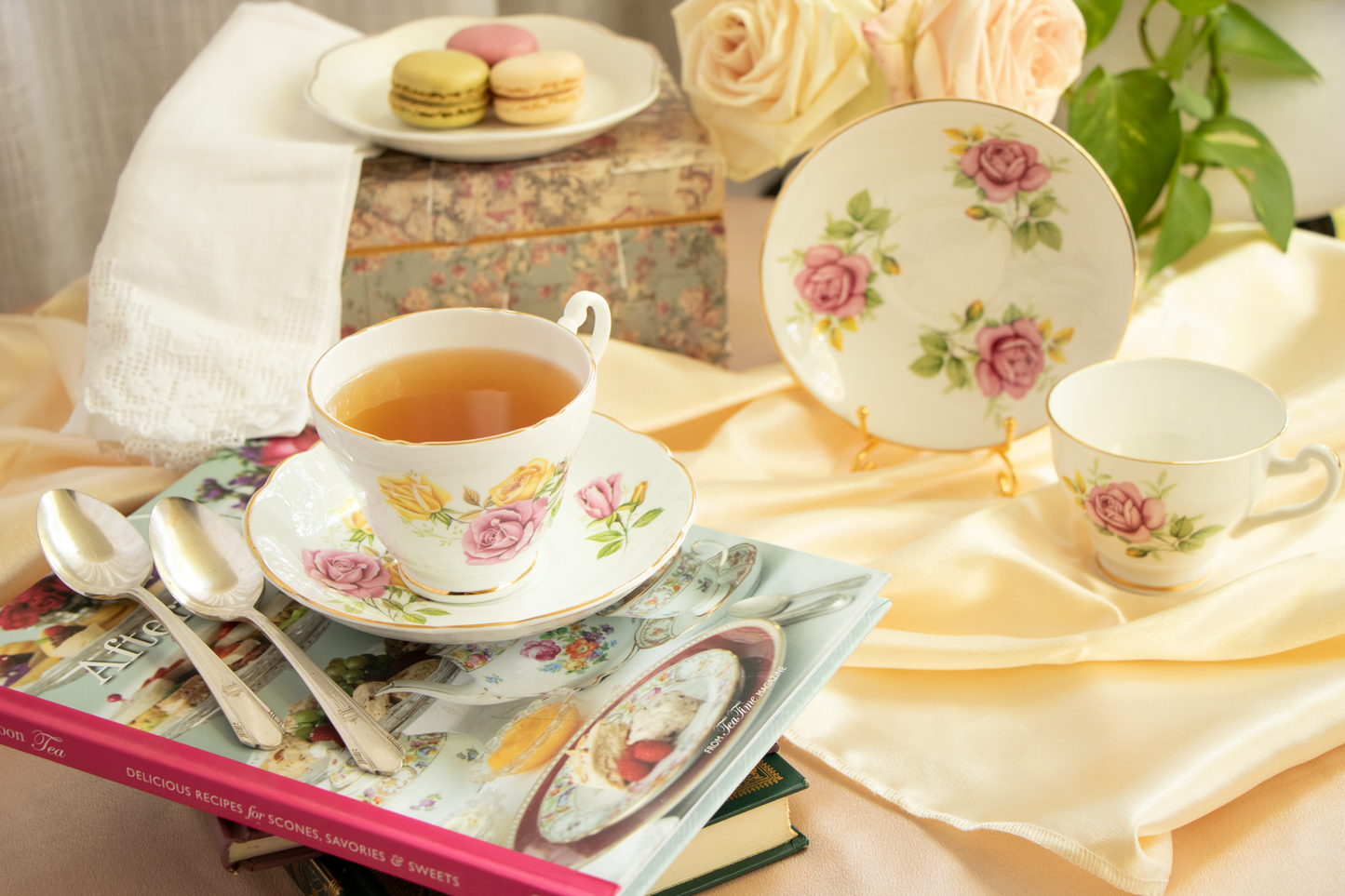 English Rose Afternoon – Tea and roses bathed in warm light