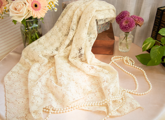 Soft Buttercream Floral Lace Table Topper with Geometric Motif - 36x33