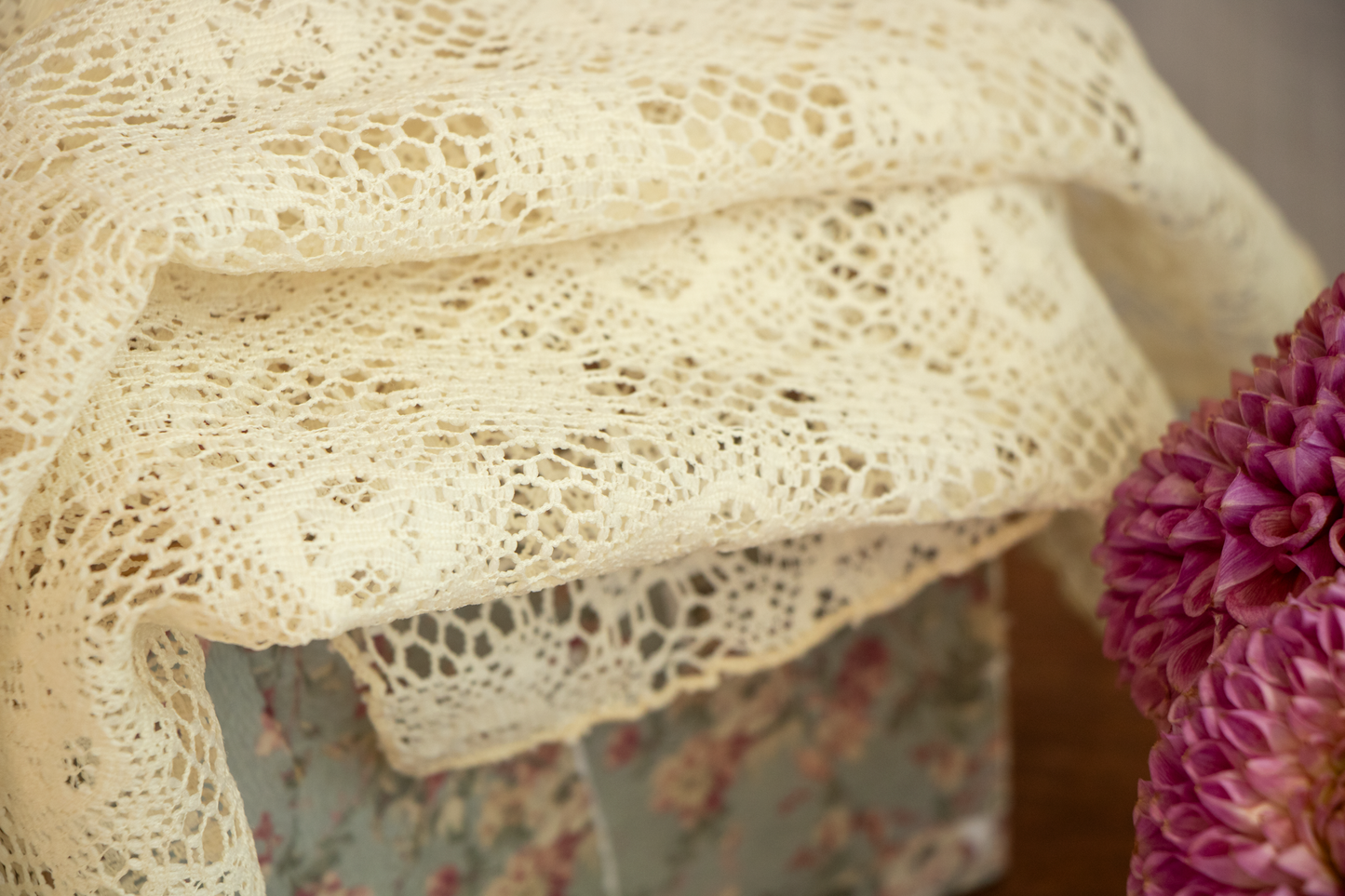 Soft Buttercream Floral Lace Table Topper with Geometric Motif - 36x33