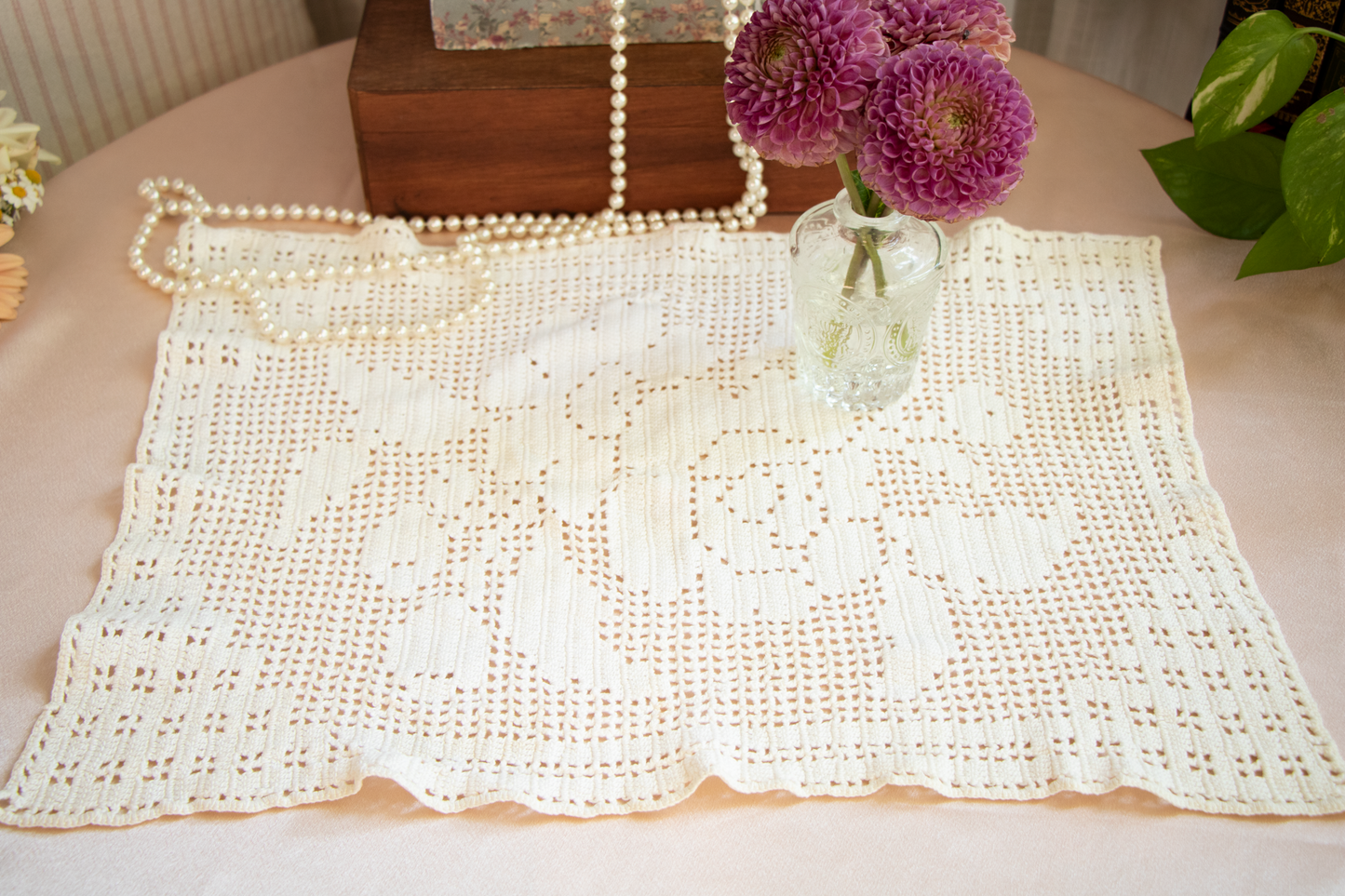 Handmade Vintage Filet Crochet Lace Panel – Floral Motif, Cream Cotton, 18"x14"