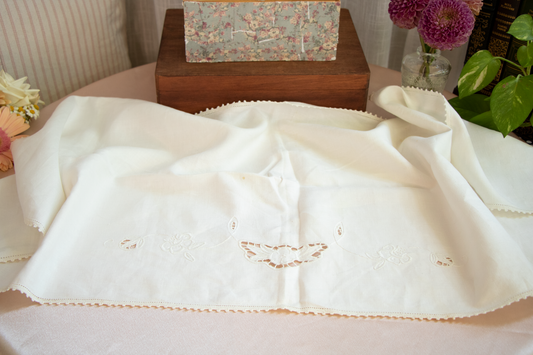White Linen Table Runner with Delicate Cutwork and Lace Edging
