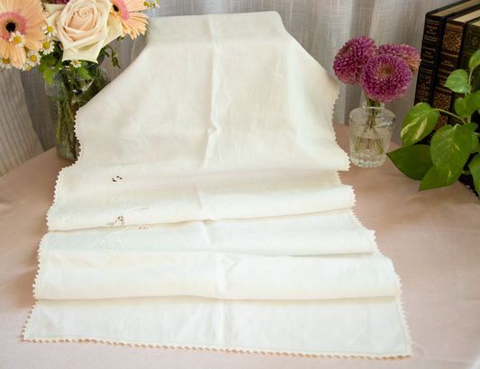White Linen Table Runner with Delicate Cutwork and Lace Edging