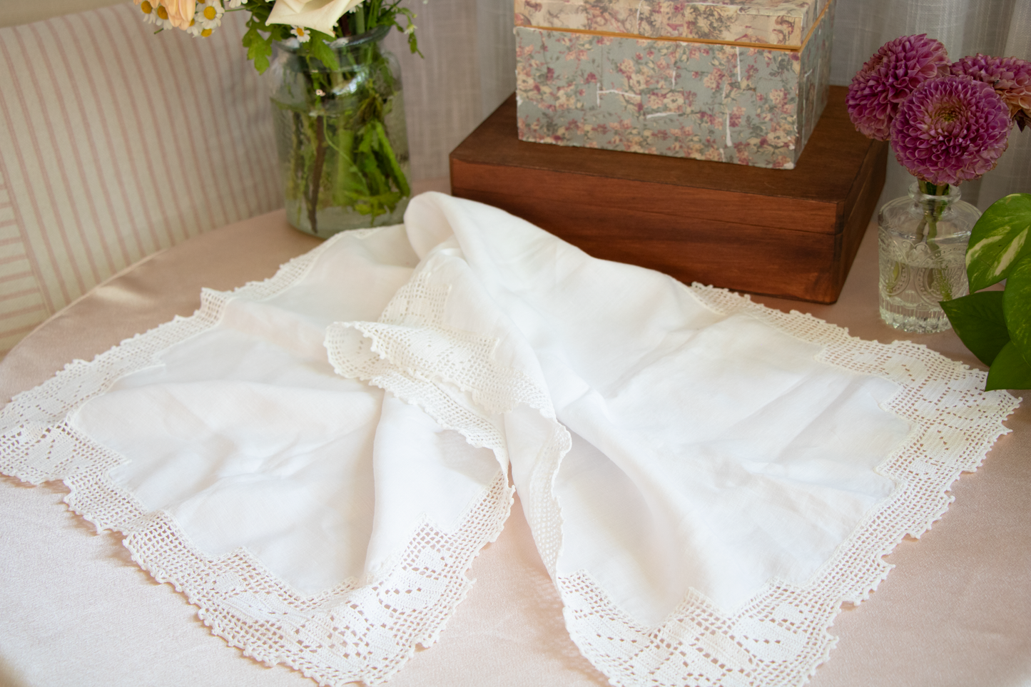 White Table Runner - Crocheted Lace Edging
