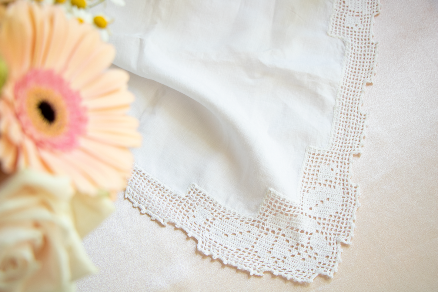 White Table Runner - Crocheted Lace Edging