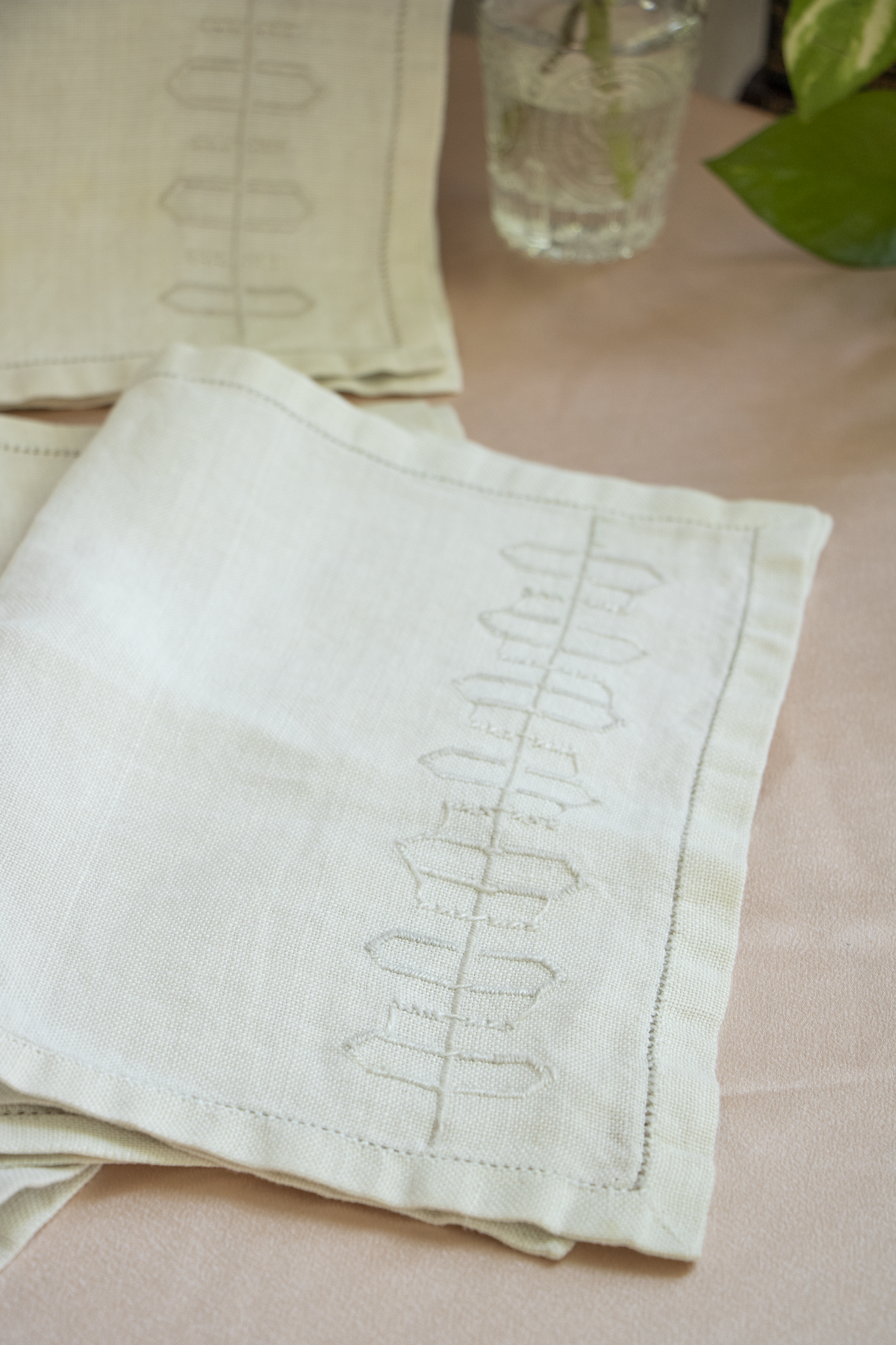 Linen Placemats Set of 6 - Hand-Embroidered Geometric Motifs
