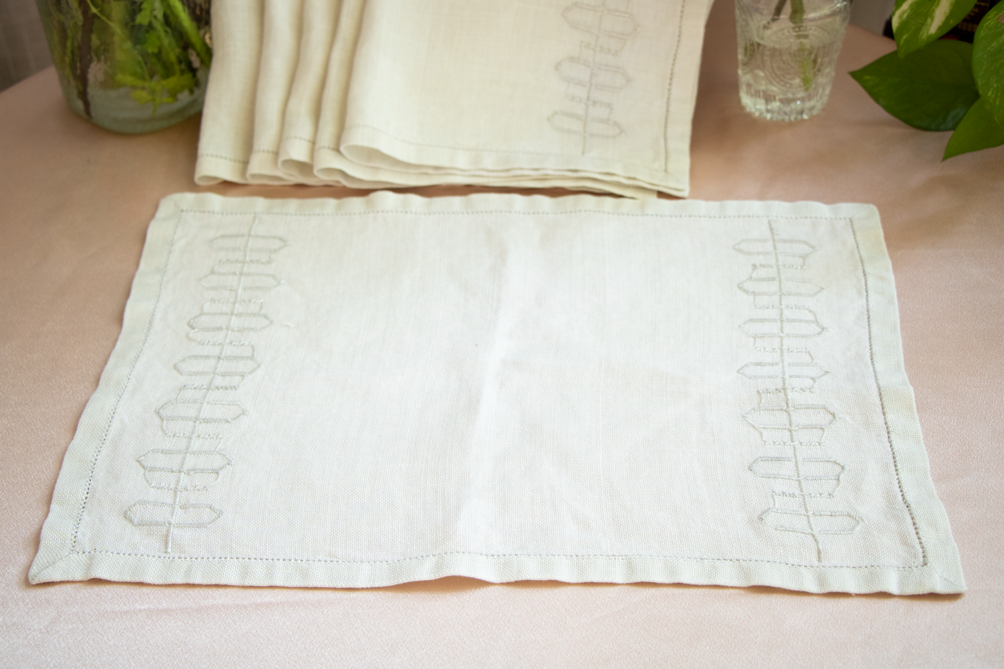 Linen Placemats Set of 6 - Hand-Embroidered Geometric Motifs
