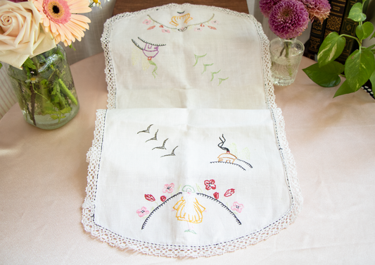 Hand-Embroidered Linen Table Runner with Lace Trim