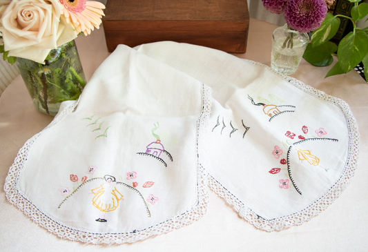 Hand-Embroidered Linen Table Runner with Lace Trim