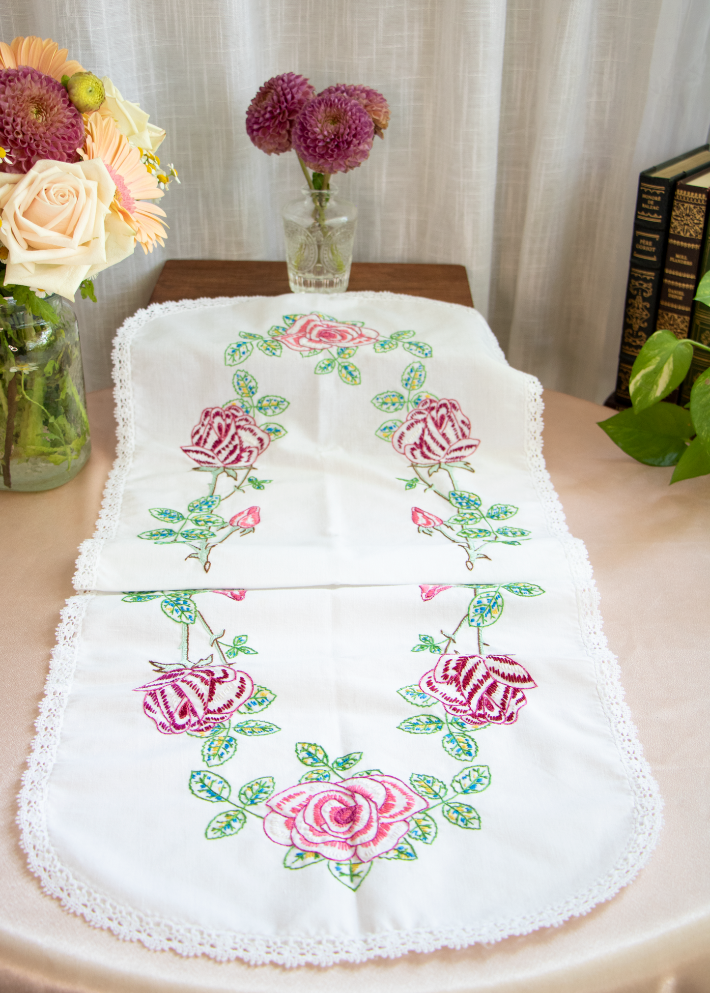 Floral Embroidered Table Runner with Lace Trim