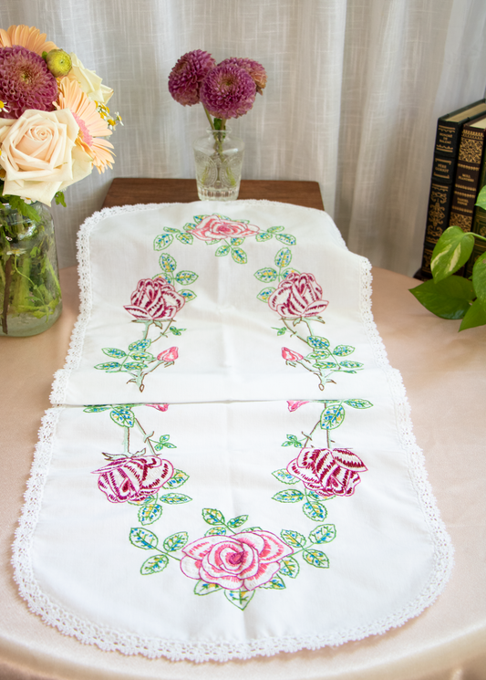 Floral Embroidered Table Runner with Lace Trim