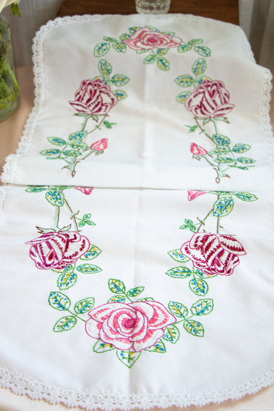 Floral Embroidered Table Runner with Lace Trim