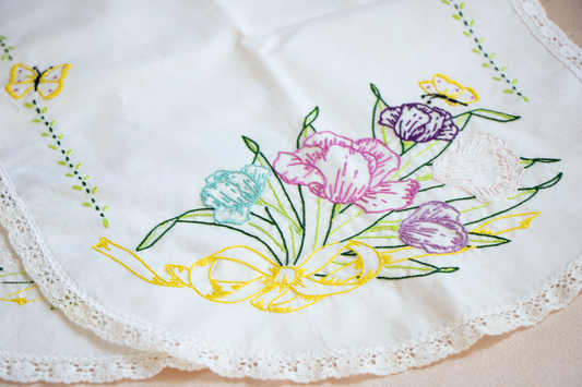 Hand-Embroidered Floral Table Runner with Lace Trim