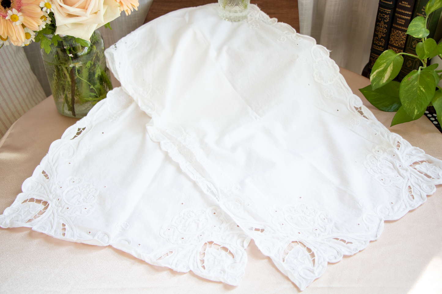 Elegant White Embroidered Cutwork Table Runner