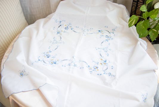 Blue Floral Embroidered Table Topper - 32x32