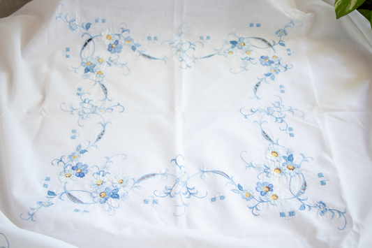 Blue Floral Embroidered Table Topper - 32x32