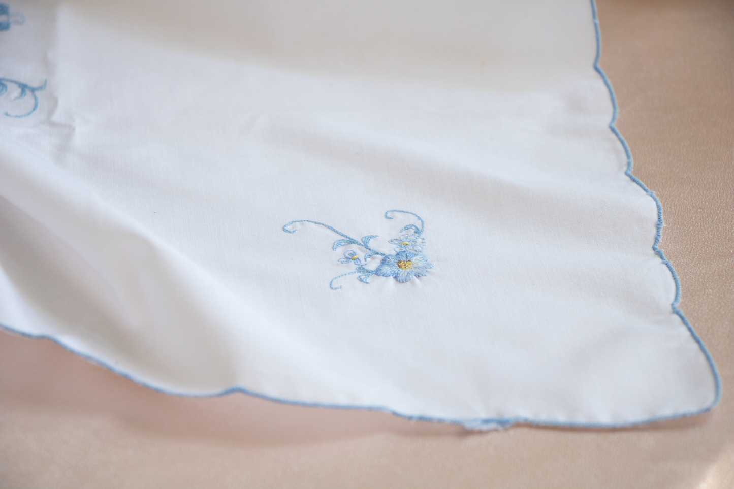 Blue Floral Embroidered Table Topper - 32x32