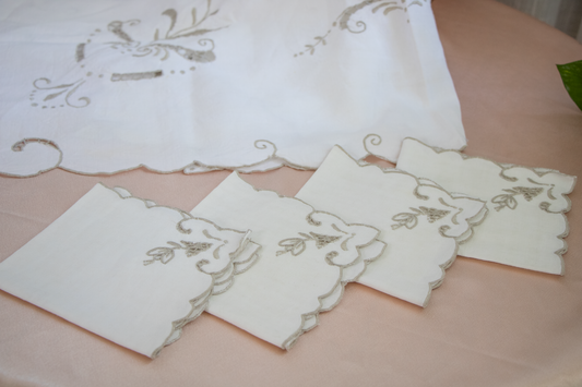 Ivory Linen Tablecloth and Napkin Set - Warm Taupe Floral Embroidery and Scalloped Edge