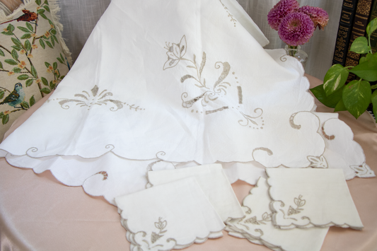 Ivory Linen Tablecloth and Napkin Set - Warm Taupe Floral Embroidery and Scalloped Edge