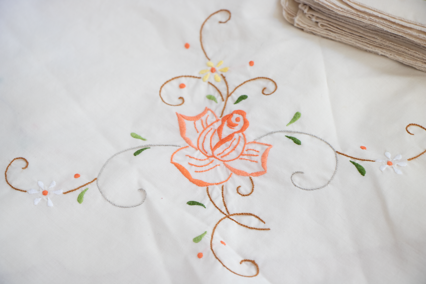 Vintage Floral Embroidered Tablecloth and Napkins Set