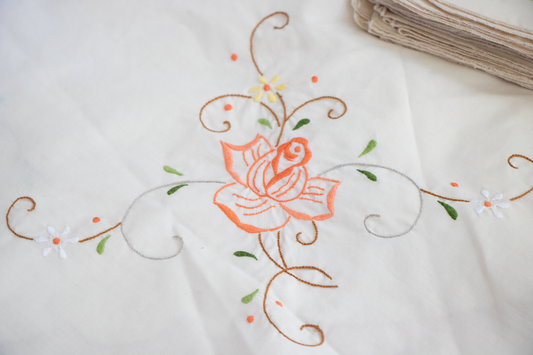 Vintage Floral Embroidered Tablecloth and Napkins Set