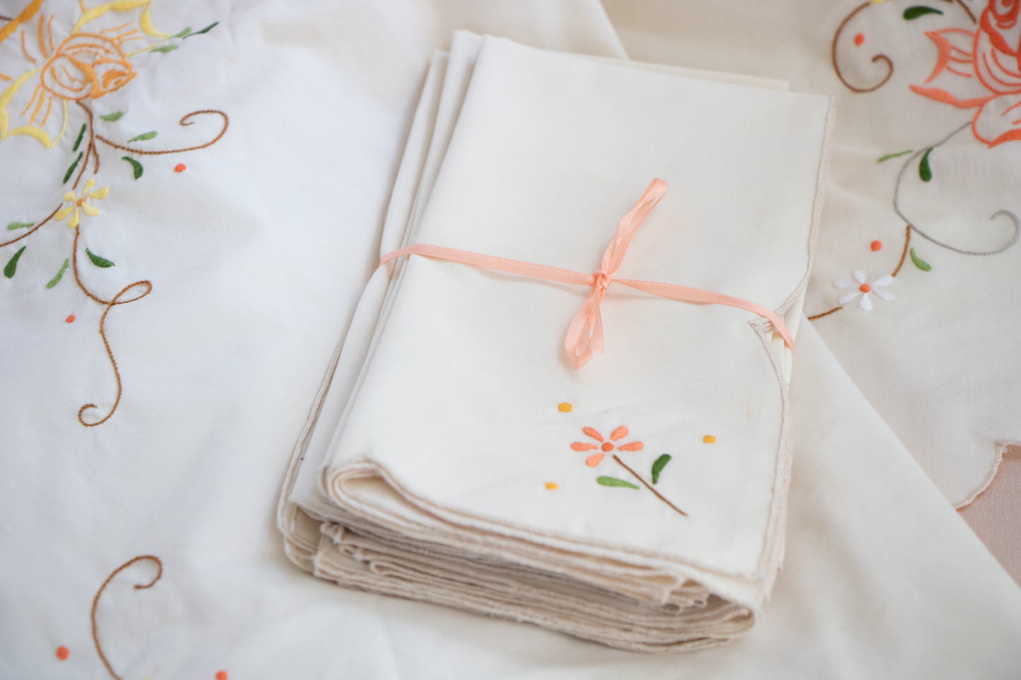 Vintage Floral Embroidered Tablecloth and Napkins Set