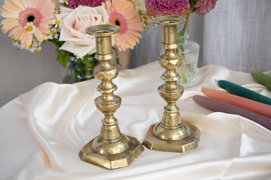 Vintage Pair of Antique Candlestick Holders – Ornate Octagonal Base – (Late 19th to Early 20th Century)