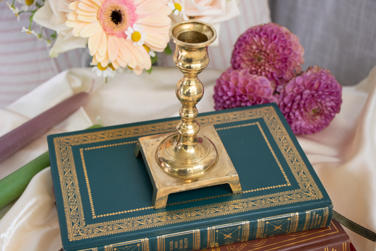 Solid Brass Candlestick Holder – Square Base – Elegant Patina