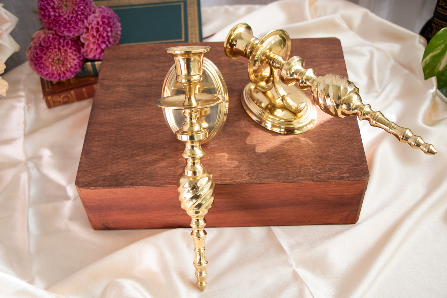 Vintage Lacquered Brass Candle Holder Wall Sconces – Pair